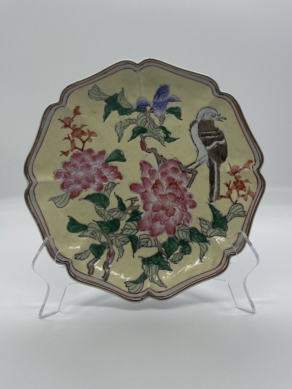Vintage Chinese Hand Painted Embossed Floral & Bird Porcelain Plate 8.5"